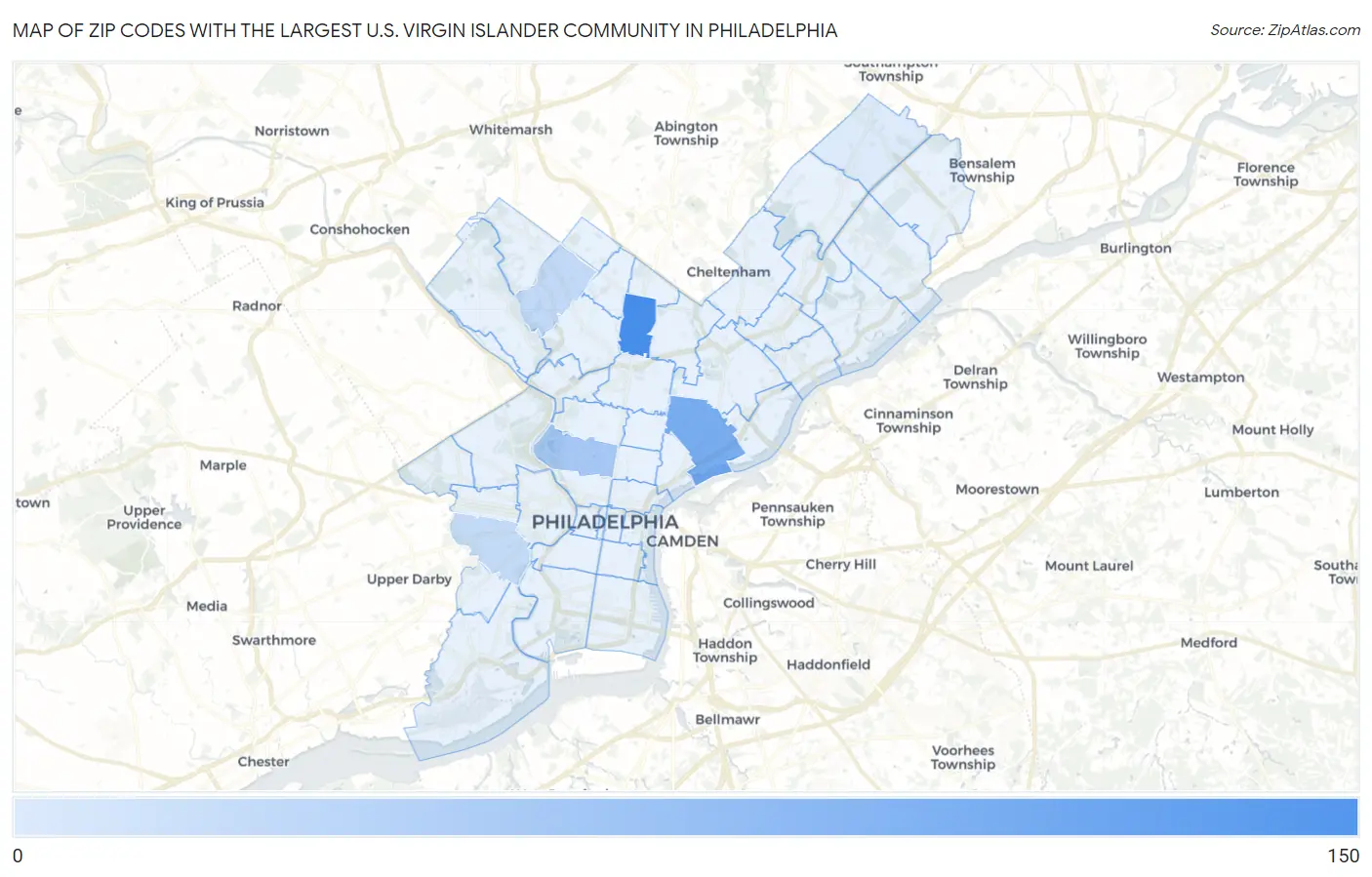 Zip Codes with the Largest U.S. Virgin Islander Community in Philadelphia Map