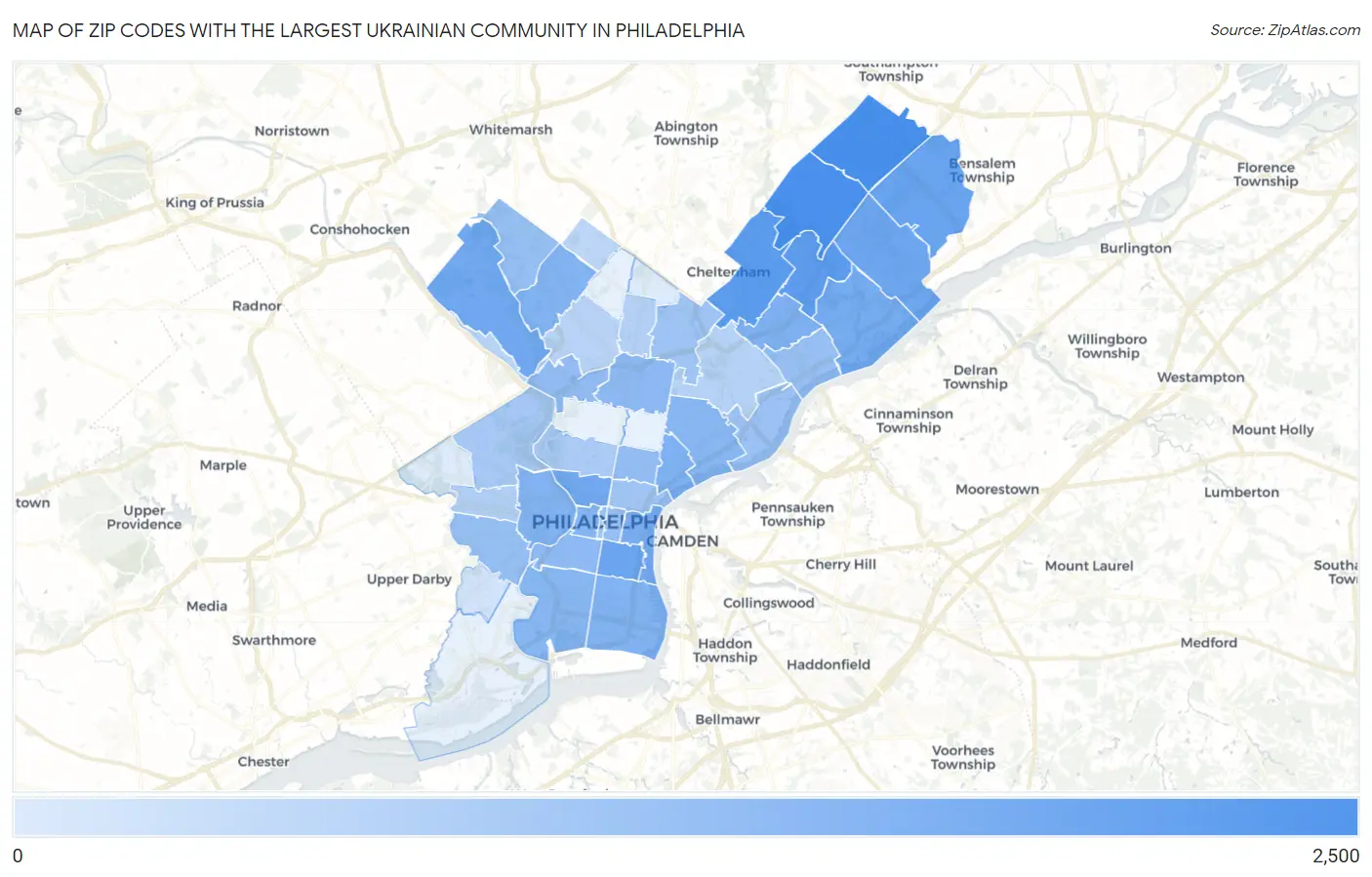 Zip Codes with the Largest Ukrainian Community in Philadelphia Map