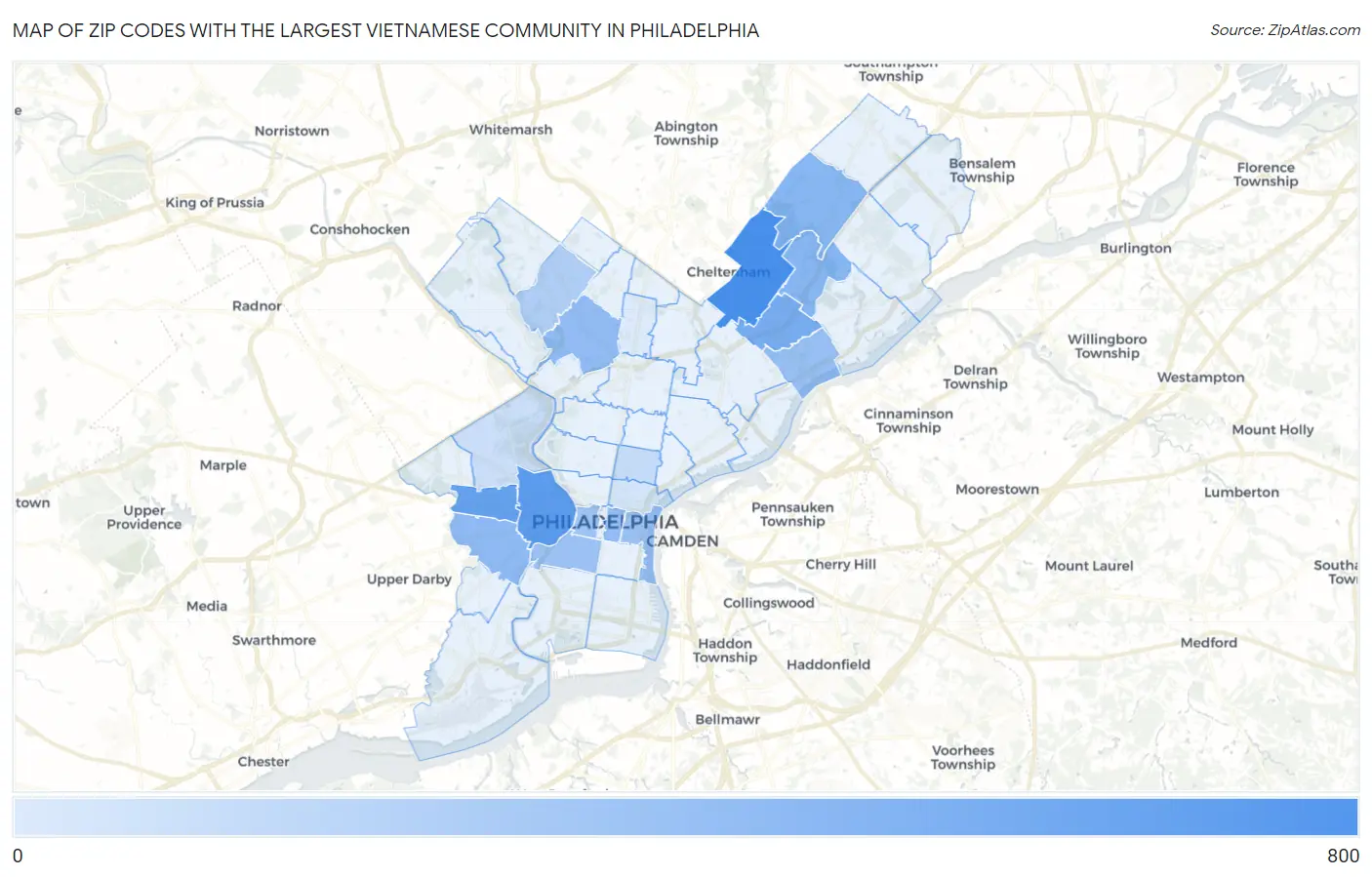 Zip Codes with the Largest Vietnamese Community in Philadelphia Map