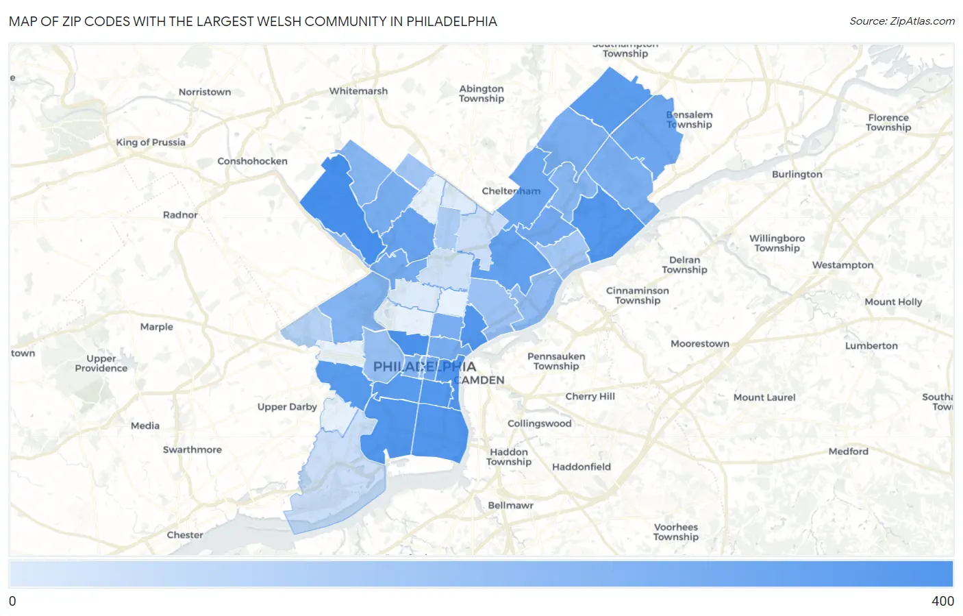 Zip Codes with the Largest Welsh Community in Philadelphia Map
