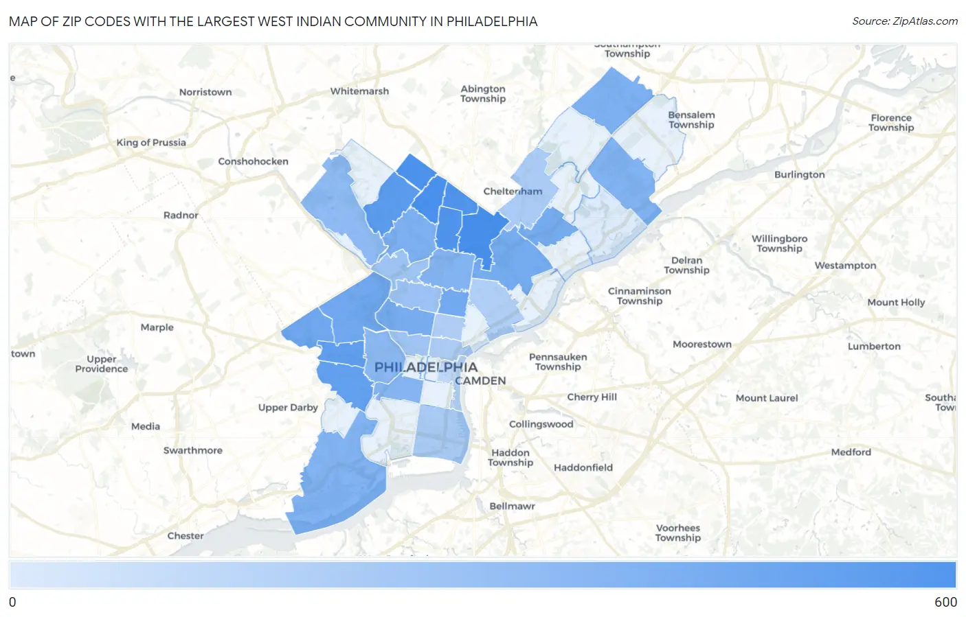 Zip Codes with the Largest West Indian Community in Philadelphia Map