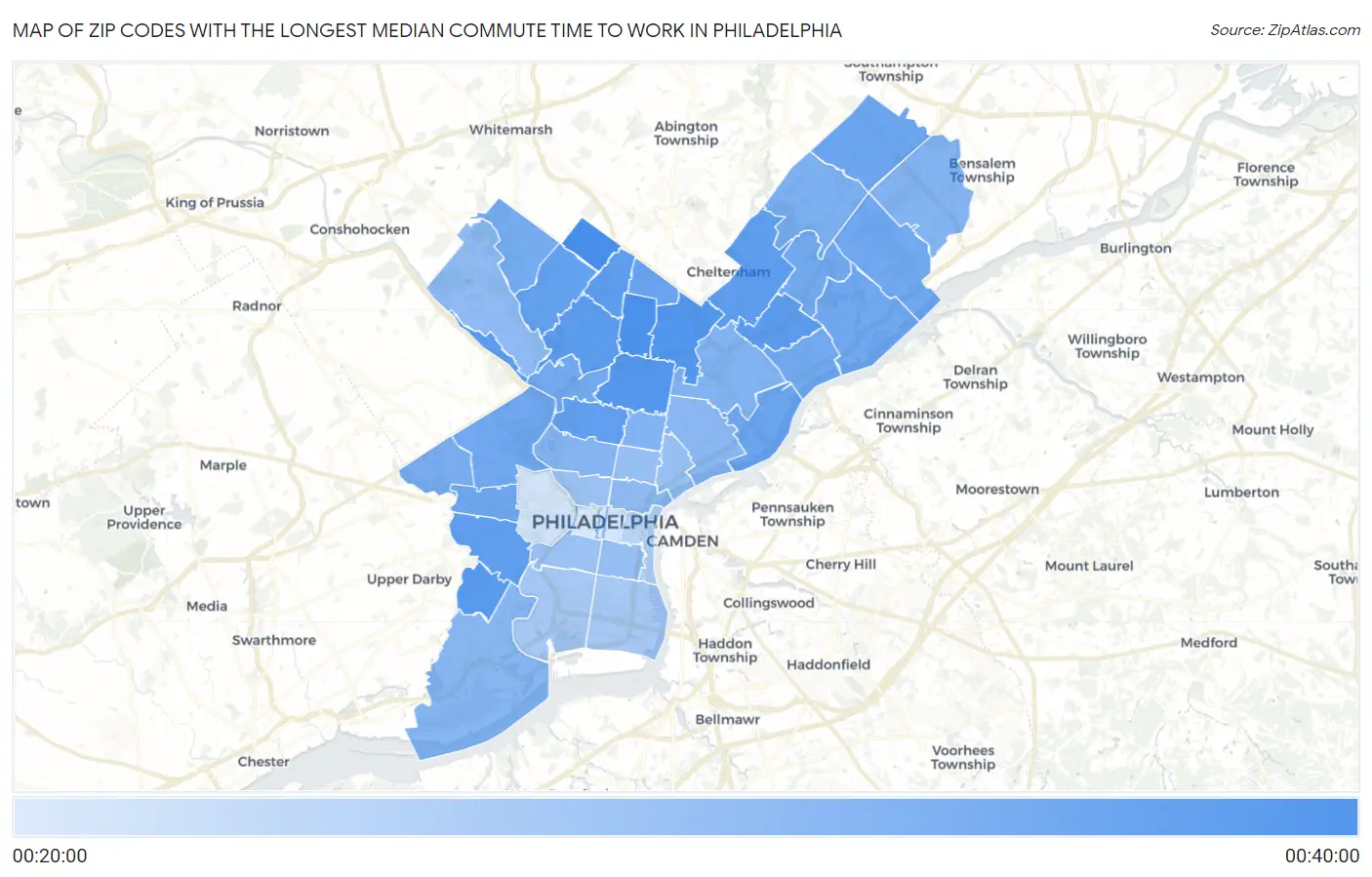 Zip Codes with the Longest Median Commute Time to Work in Philadelphia Map