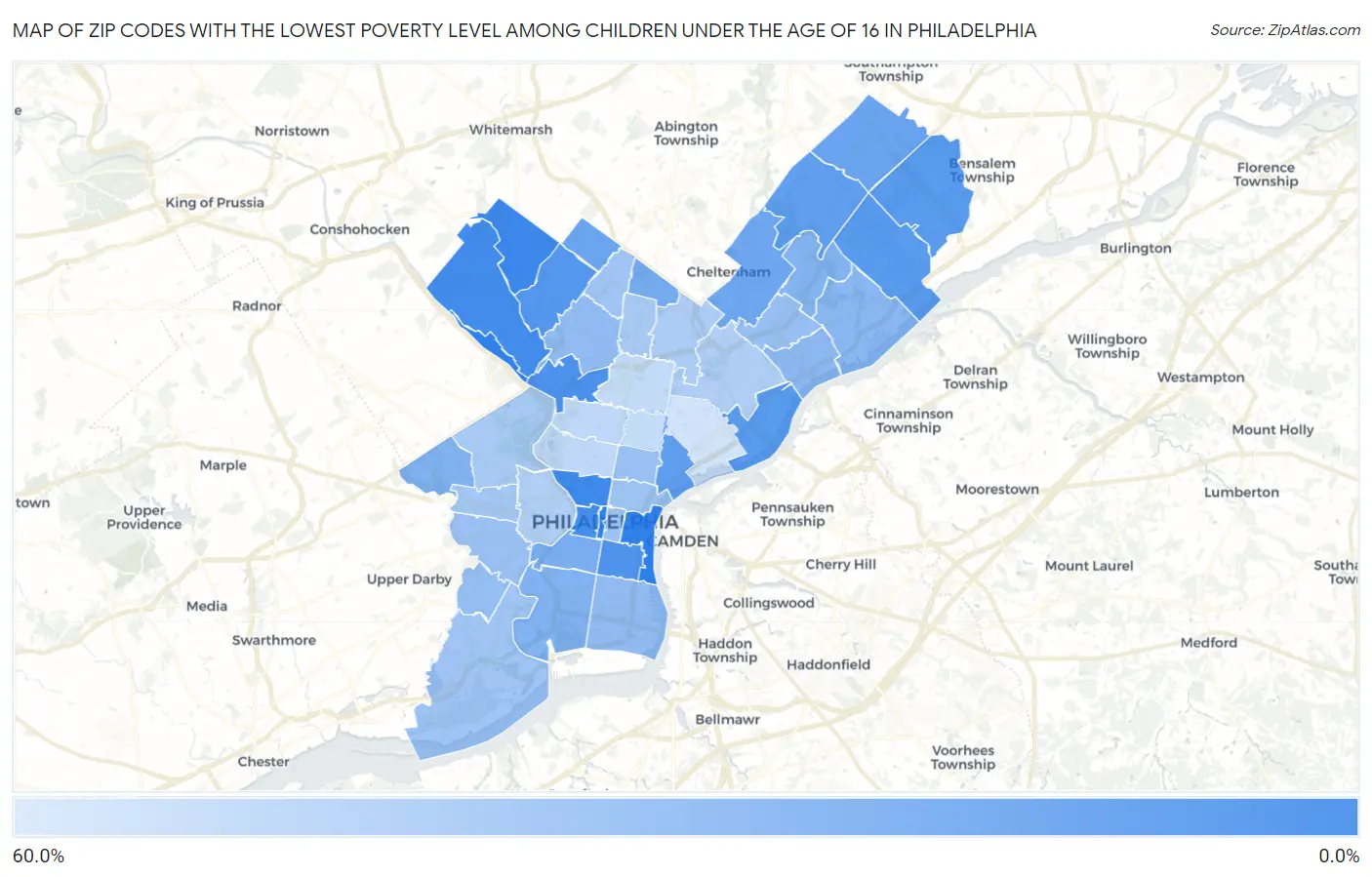 Zip Codes with the Lowest Poverty Level Among Children Under the Age of 16 in Philadelphia Map