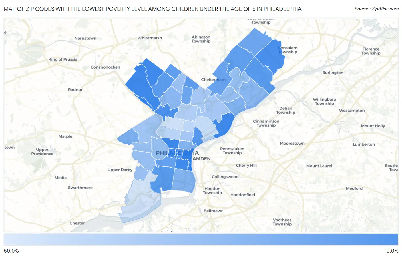 Zip Codes with the Lowest Poverty Level Among Children Under the Age of 5 in Philadelphia Map