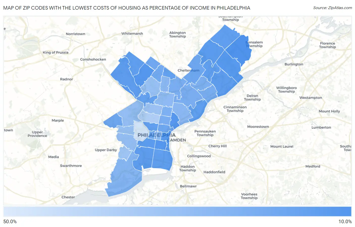 Zip Codes with the Lowest Costs of Housing as Percentage of Income in Philadelphia Map
