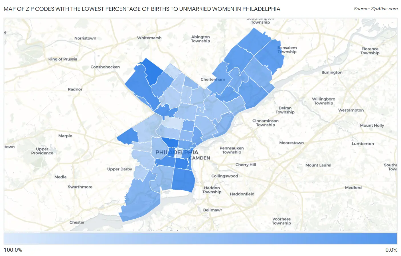 Zip Codes with the Lowest Percentage of Births to Unmarried Women in Philadelphia Map