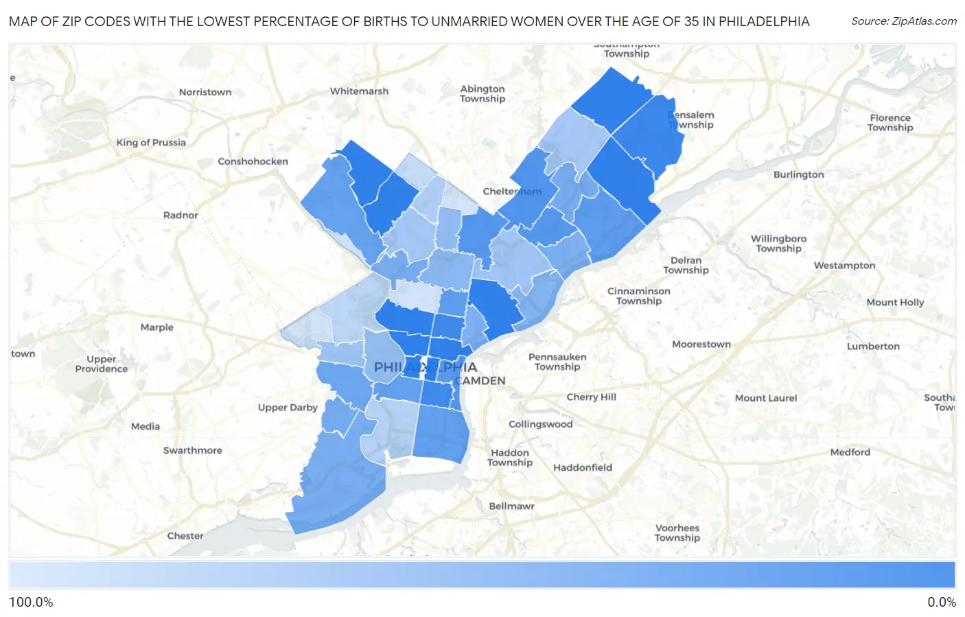 Zip Codes with the Lowest Percentage of Births to Unmarried Women over the Age of 35 in Philadelphia Map