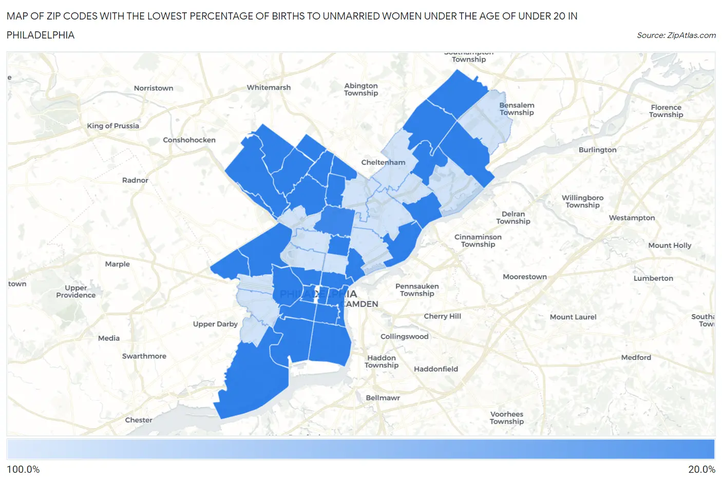 Zip Codes with the Lowest Percentage of Births to Unmarried Women under the Age of under 20 in Philadelphia Map