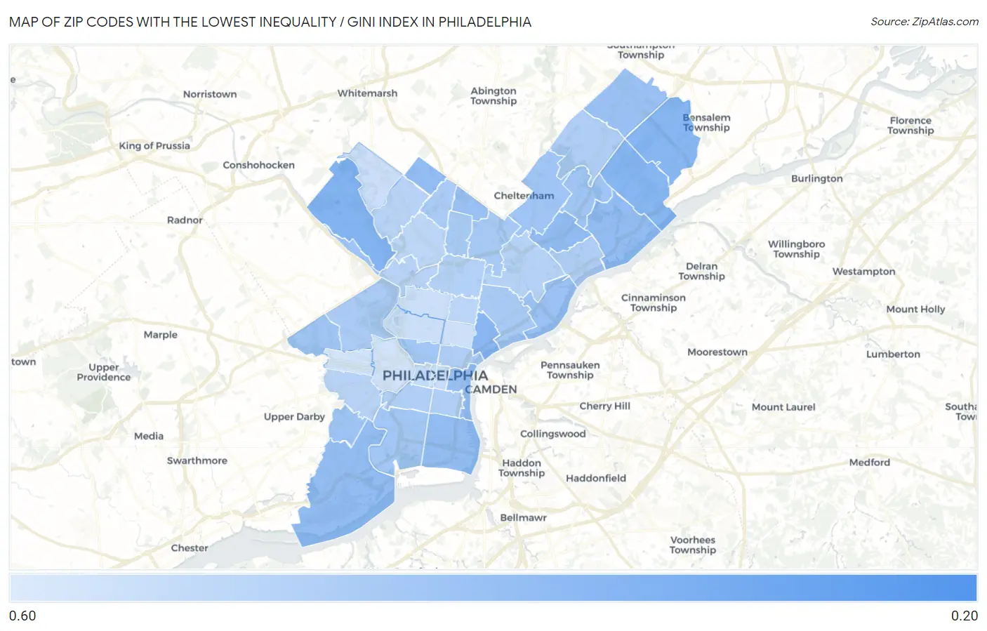 Zip Codes with the Lowest Inequality / Gini Index in Philadelphia Map