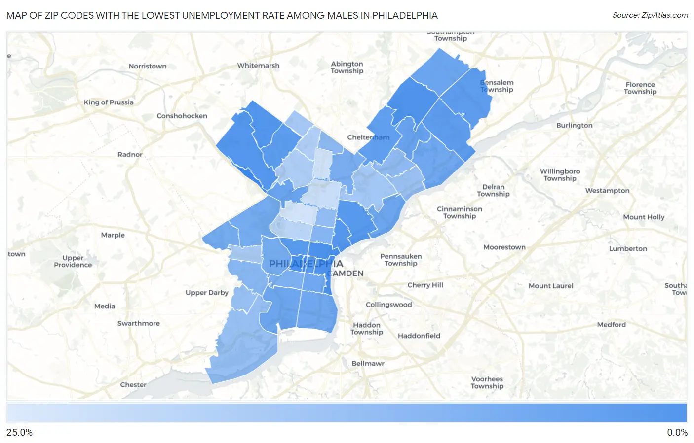 Zip Codes with the Lowest Unemployment Rate Among Males in Philadelphia Map