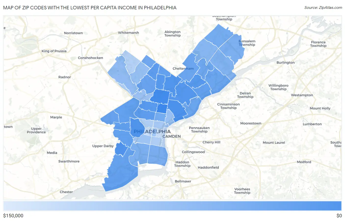 Zip Codes with the Lowest Per Capita Income in Philadelphia Map