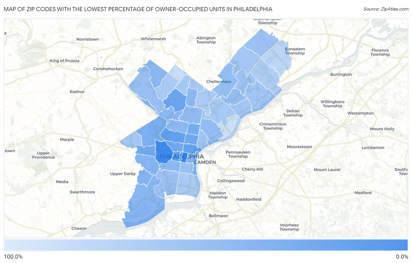Zip Codes with the Lowest Percentage of Owner-Occupied Units in Philadelphia Map