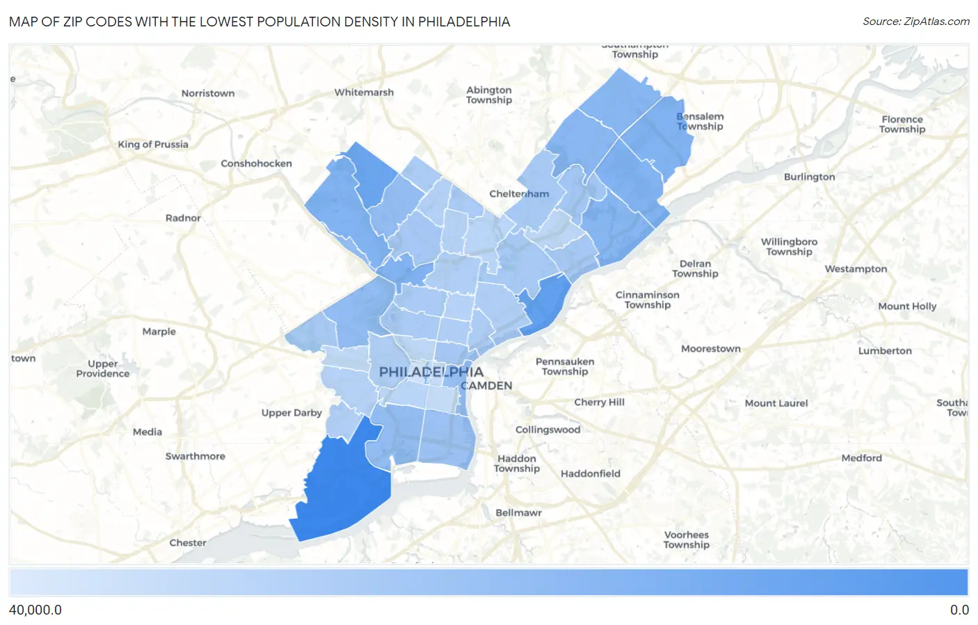 Zip Codes with the Lowest Population Density in Philadelphia Map