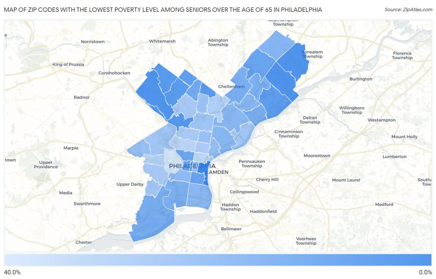 Zip Codes with the Lowest Poverty Level Among Seniors Over the Age of 65 in Philadelphia Map