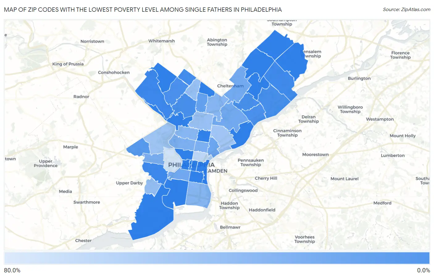 Zip Codes with the Lowest Poverty Level Among Single Fathers in Philadelphia Map