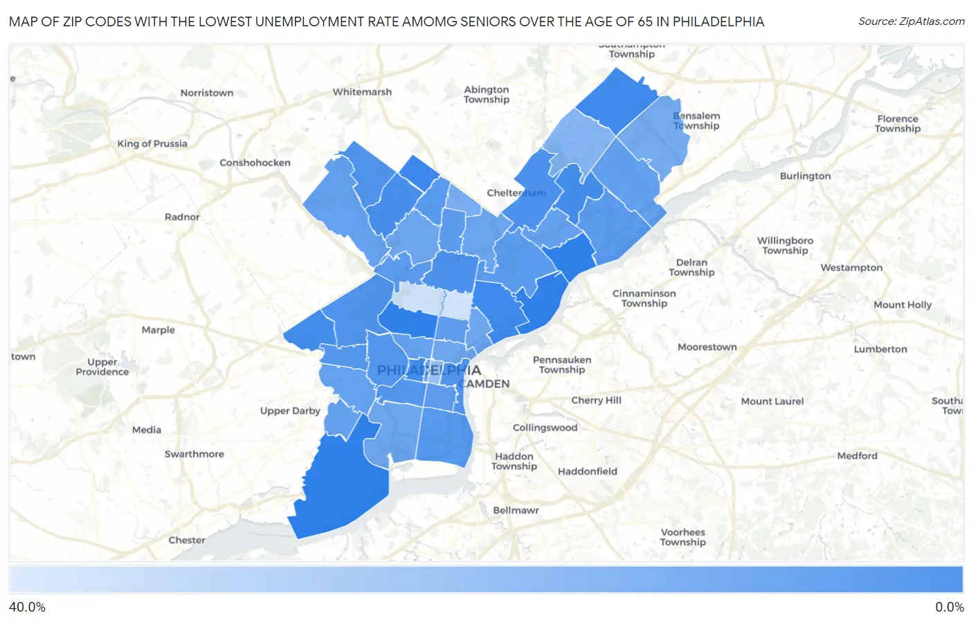 Zip Codes with the Lowest Unemployment Rate Amomg Seniors Over the Age of 65 in Philadelphia Map