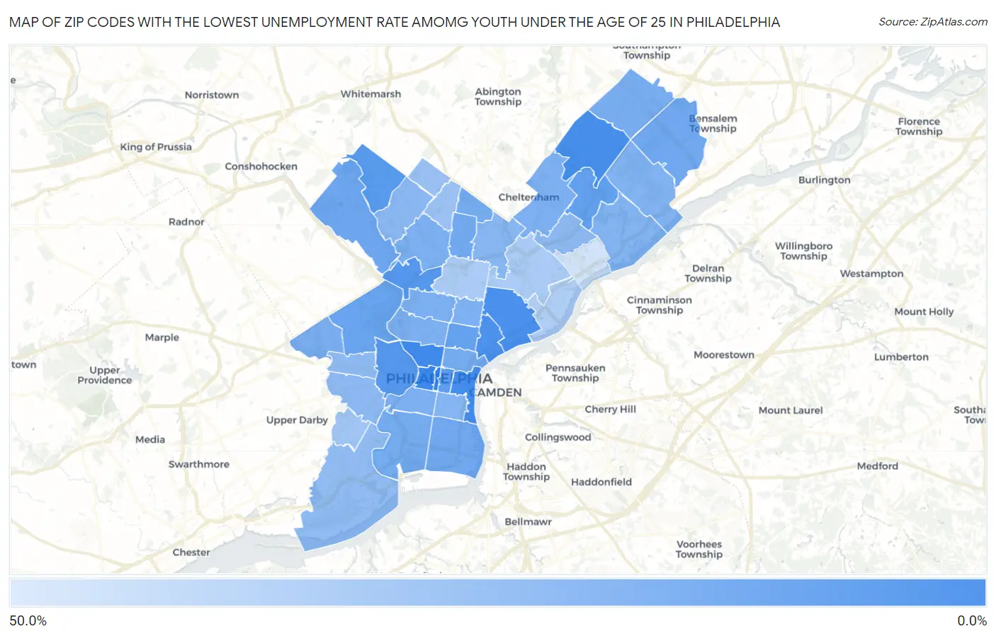 Zip Codes with the Lowest Unemployment Rate Amomg Youth Under the Age of 25 in Philadelphia Map