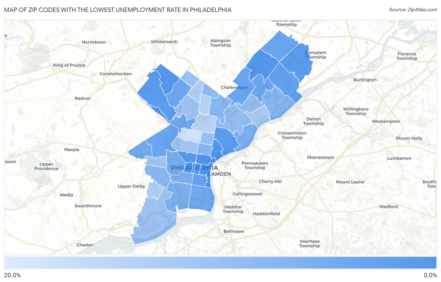 Zip Codes with the Lowest Unemployment Rate in Philadelphia Map