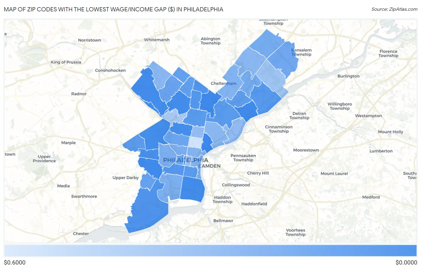 Zip Codes with the Lowest Wage/Income Gap ($) in Philadelphia Map