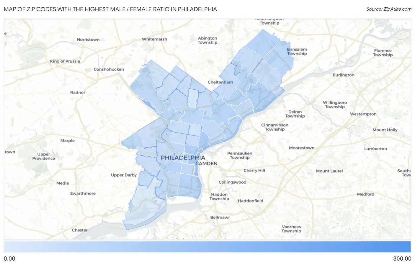 Zip Codes with the Highest Male / Female Ratio in Philadelphia Map