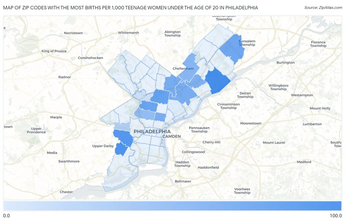 Zip Codes with the Most Births per 1,000 Teenage Women Under the Age of 20 in Philadelphia Map