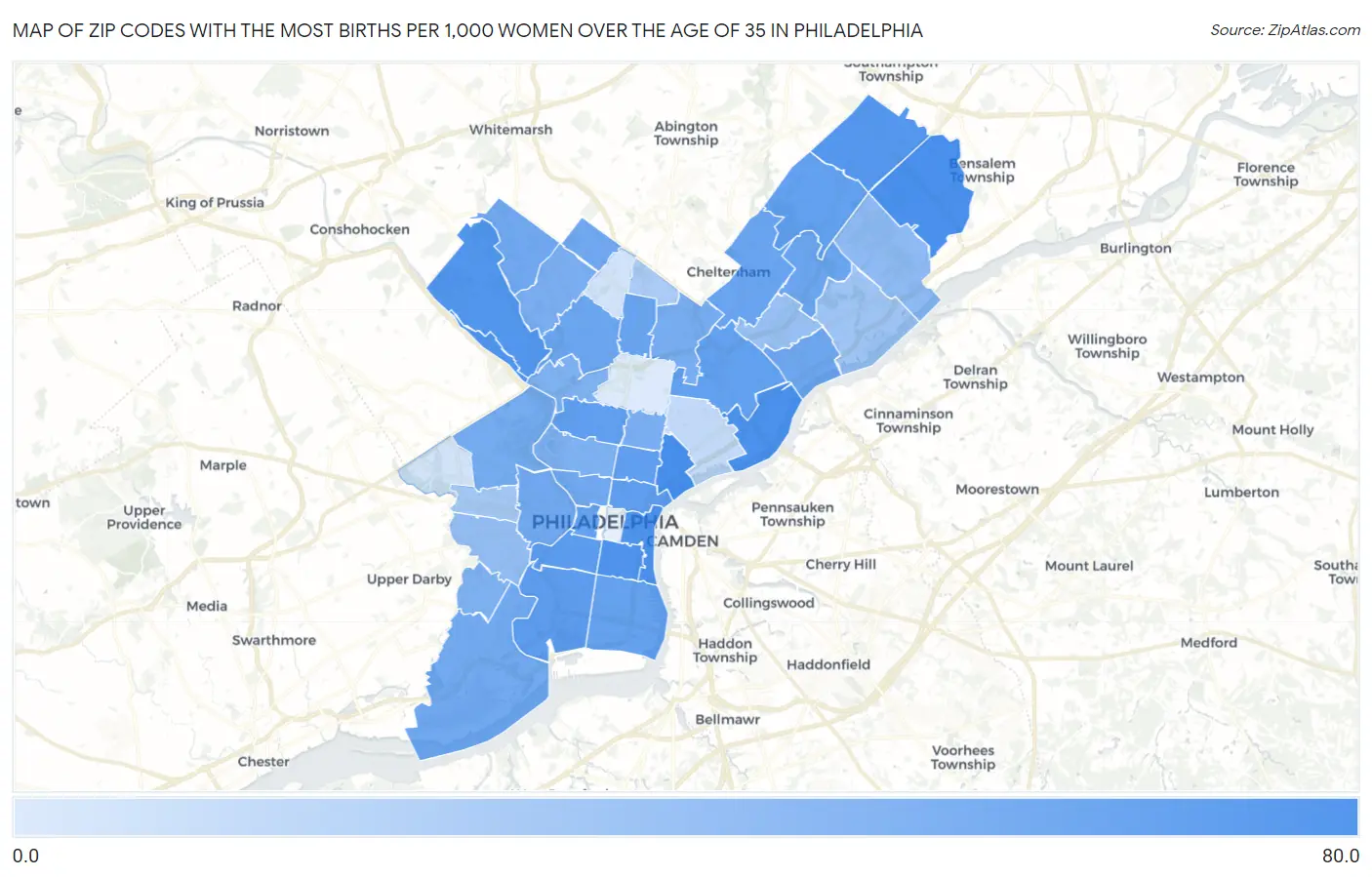 Zip Codes with the Most Births per 1,000 Women Over the Age of 35 in Philadelphia Map