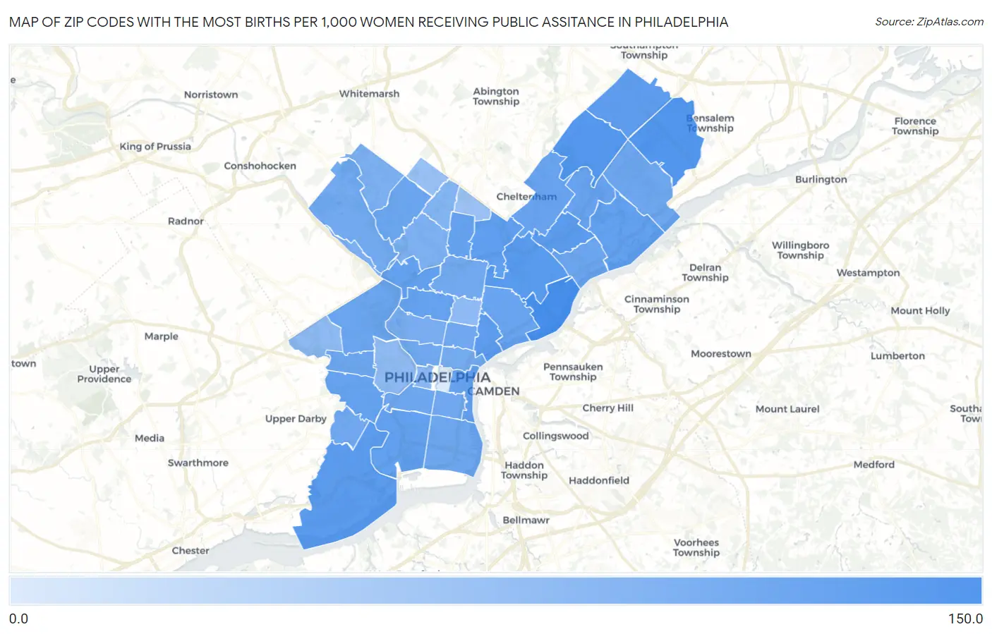 Zip Codes with the Most Births per 1,000 Women Receiving Public Assitance in Philadelphia Map
