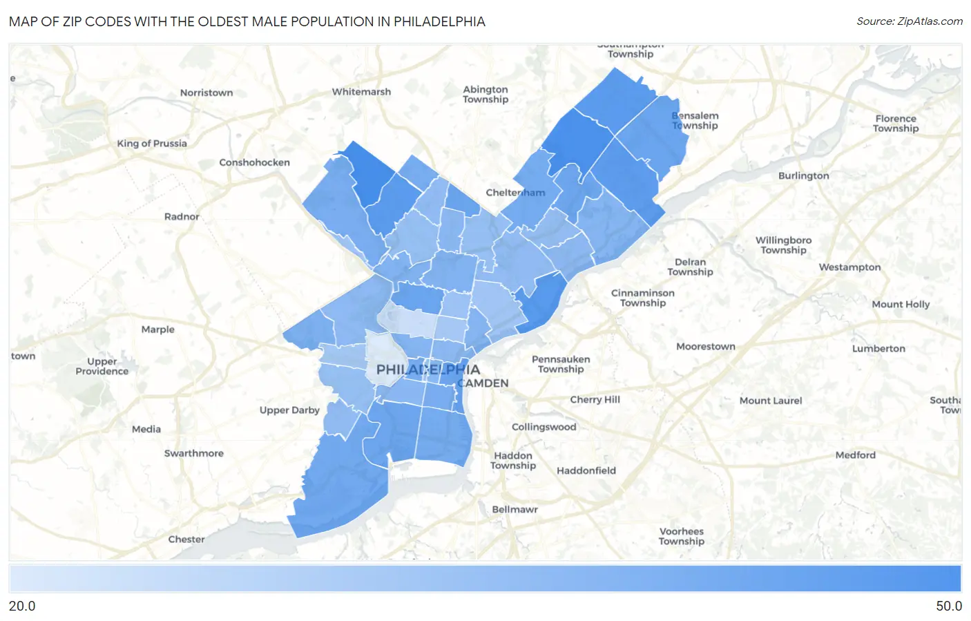 Zip Codes with the Oldest Male Population in Philadelphia Map