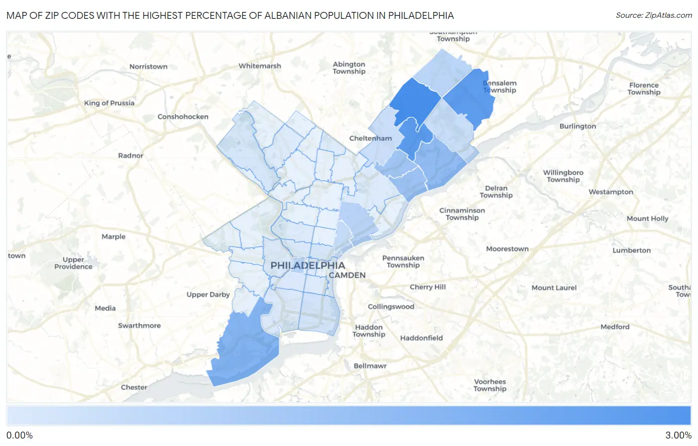 Zip Codes with the Highest Percentage of Albanian Population in Philadelphia Map