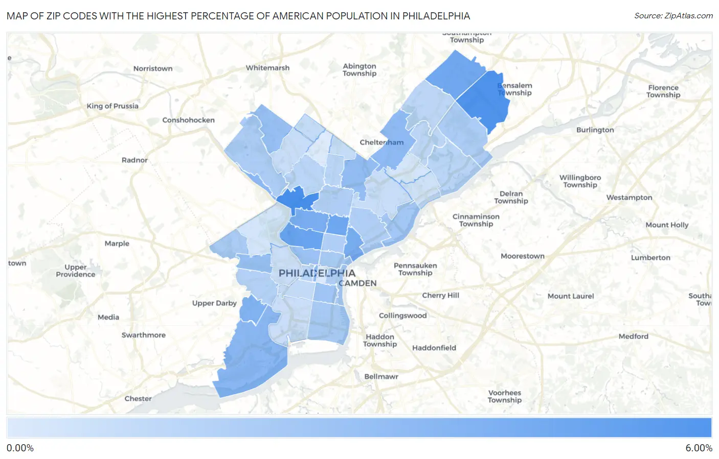 Zip Codes with the Highest Percentage of American Population in Philadelphia Map