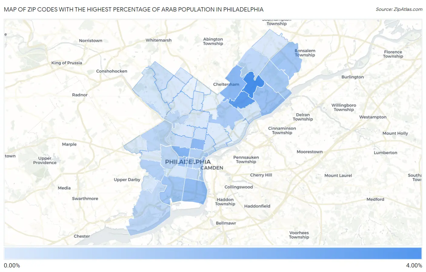 Zip Codes with the Highest Percentage of Arab Population in Philadelphia Map