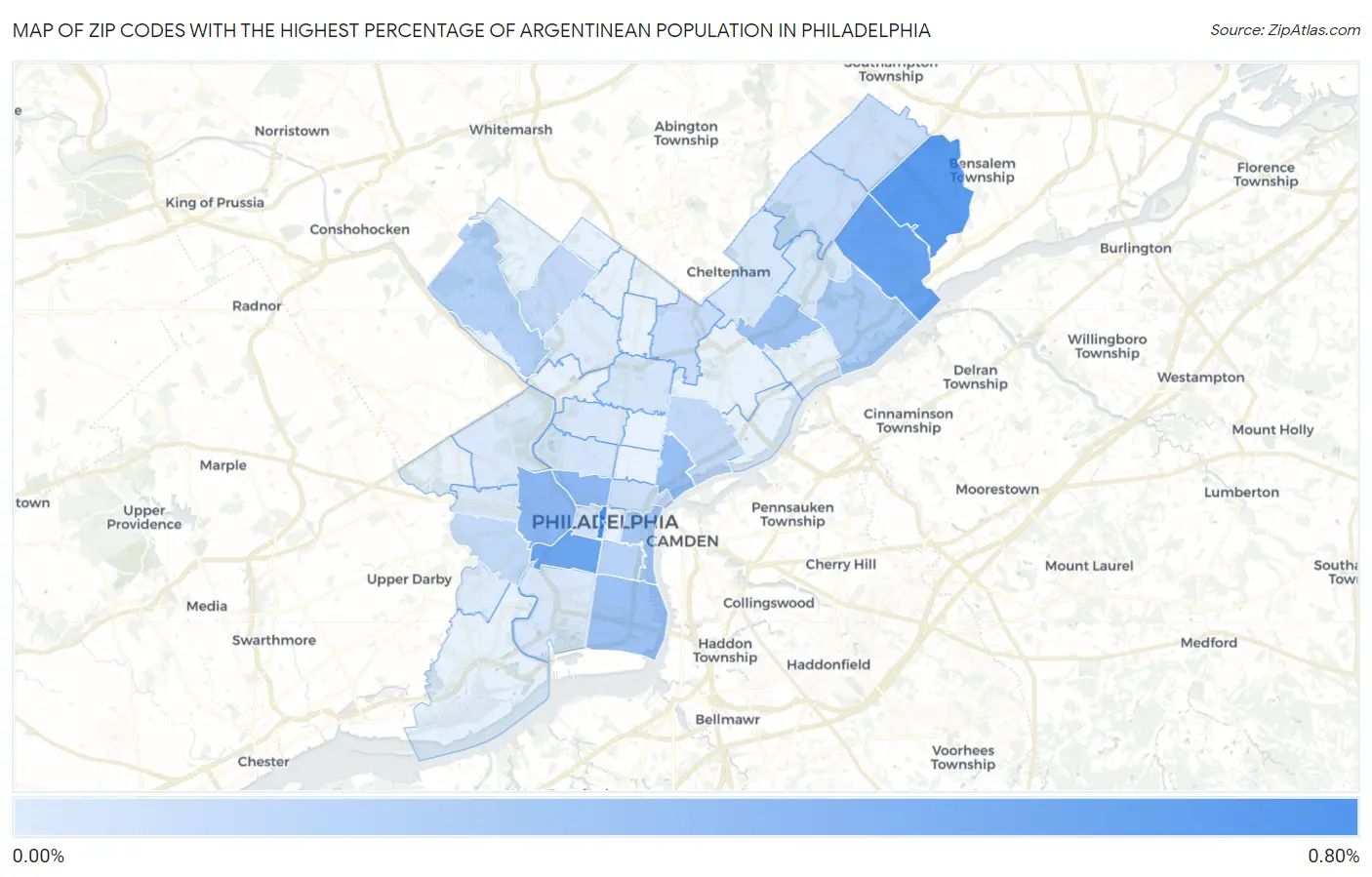 Zip Codes with the Highest Percentage of Argentinean Population in Philadelphia Map