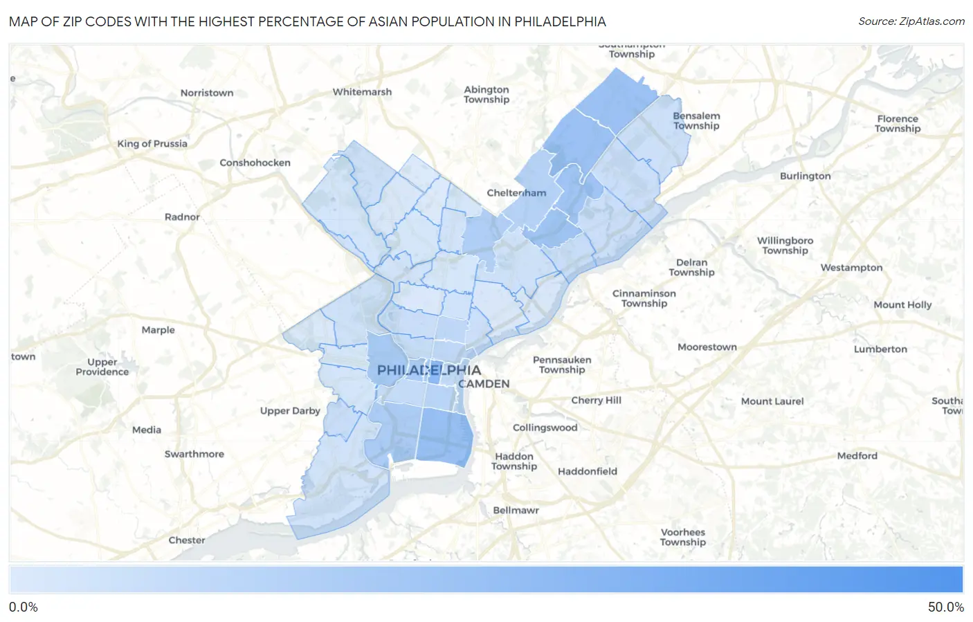Zip Codes with the Highest Percentage of Asian Population in Philadelphia Map