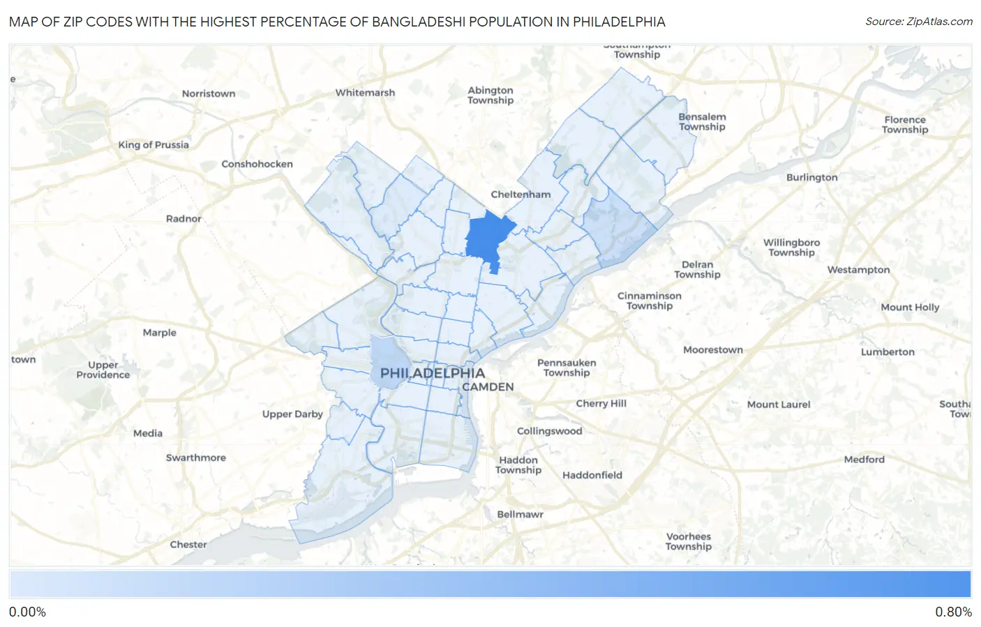 Zip Codes with the Highest Percentage of Bangladeshi Population in Philadelphia Map