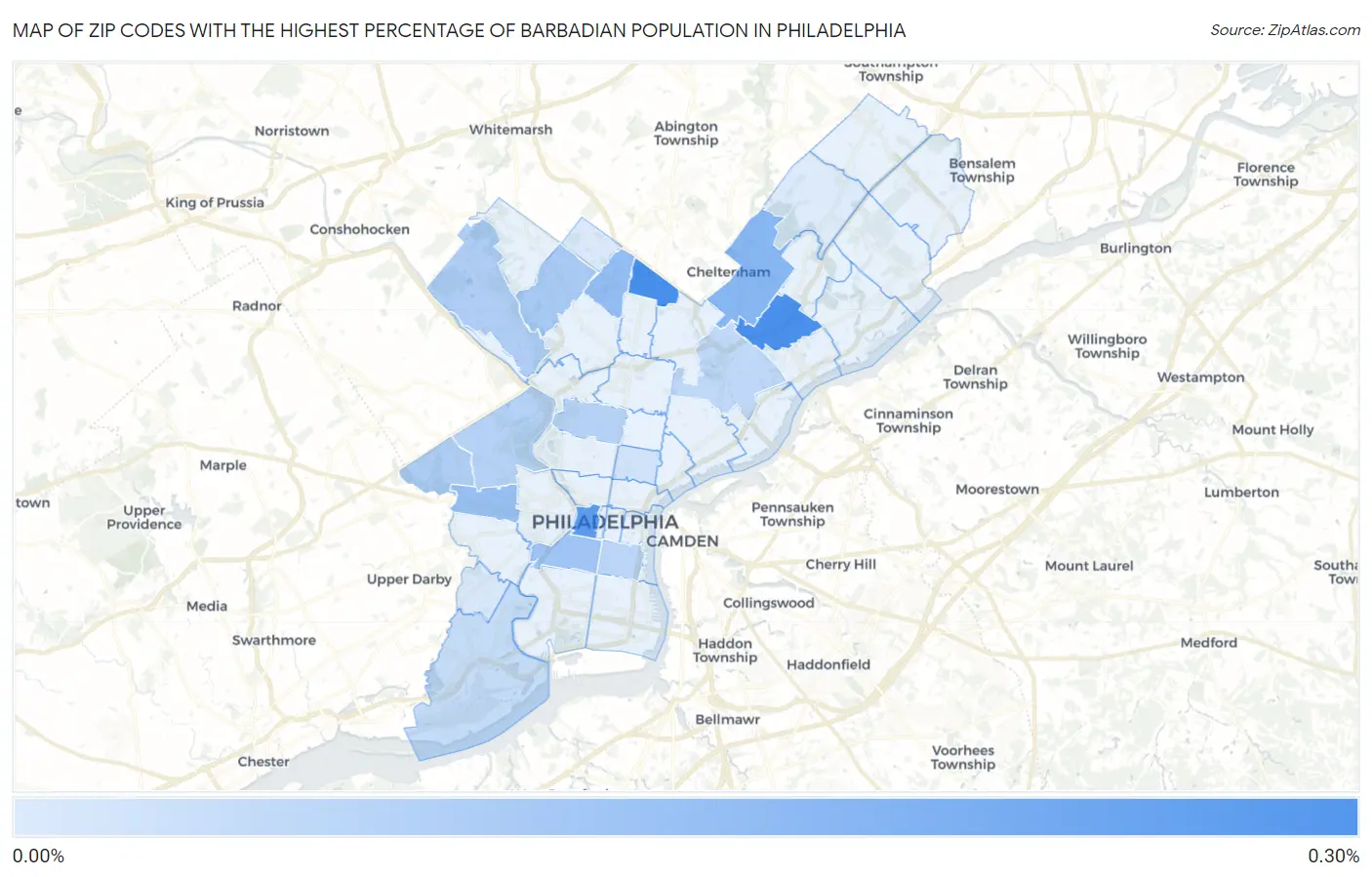 Zip Codes with the Highest Percentage of Barbadian Population in Philadelphia Map