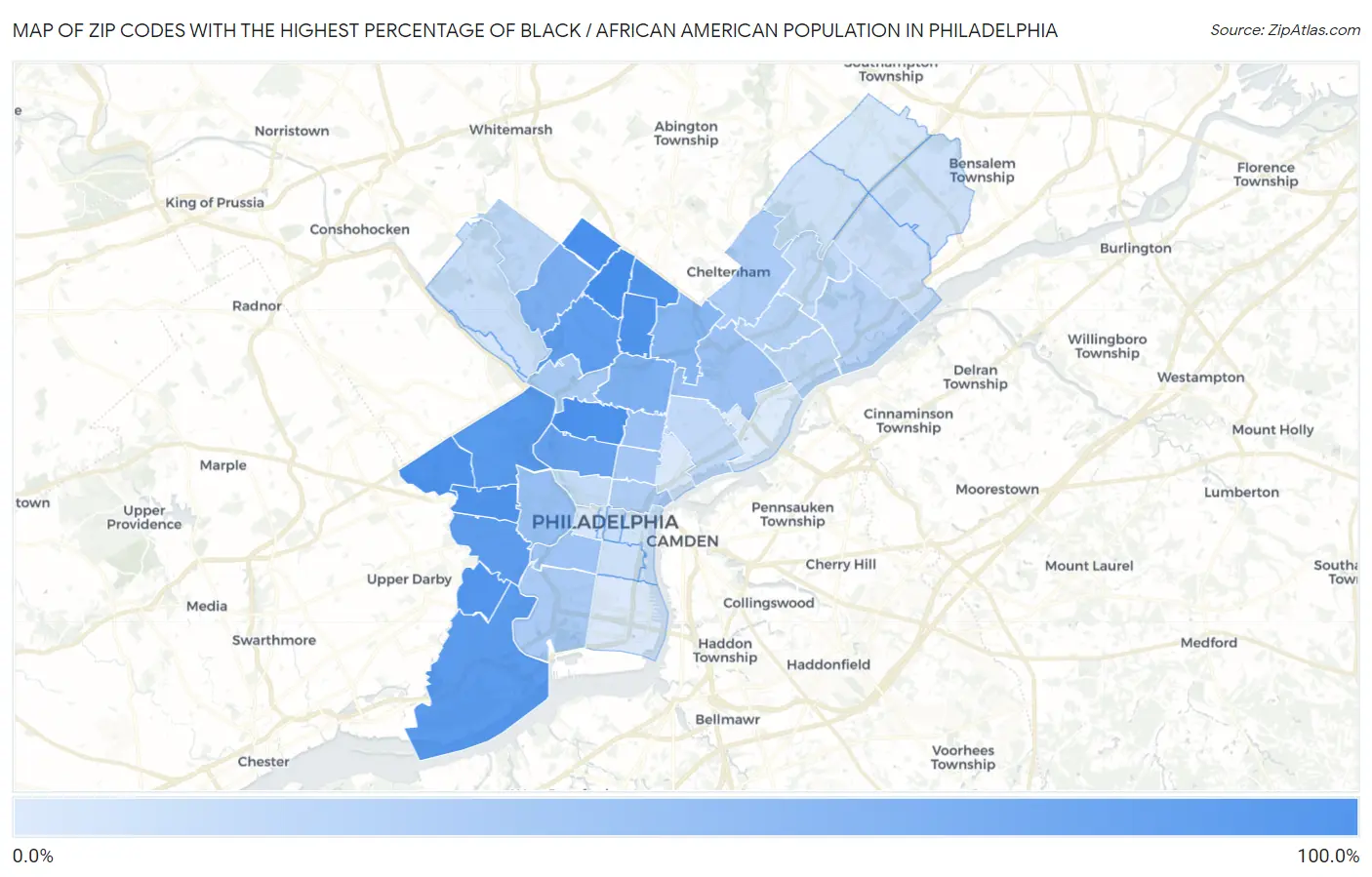 Zip Codes with the Highest Percentage of Black / African American Population in Philadelphia Map