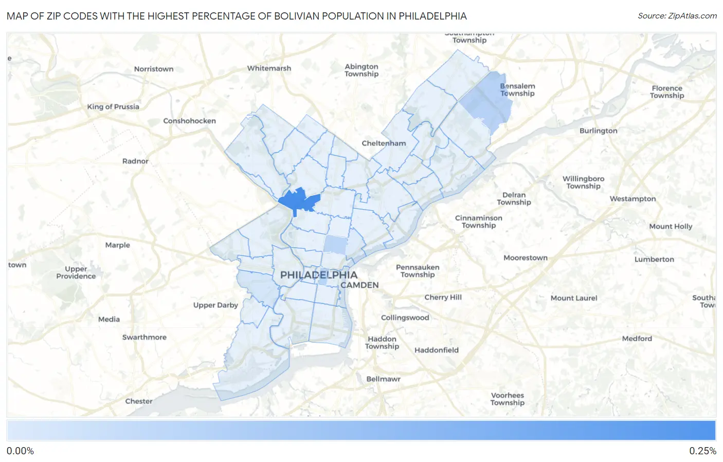 Zip Codes with the Highest Percentage of Bolivian Population in Philadelphia Map