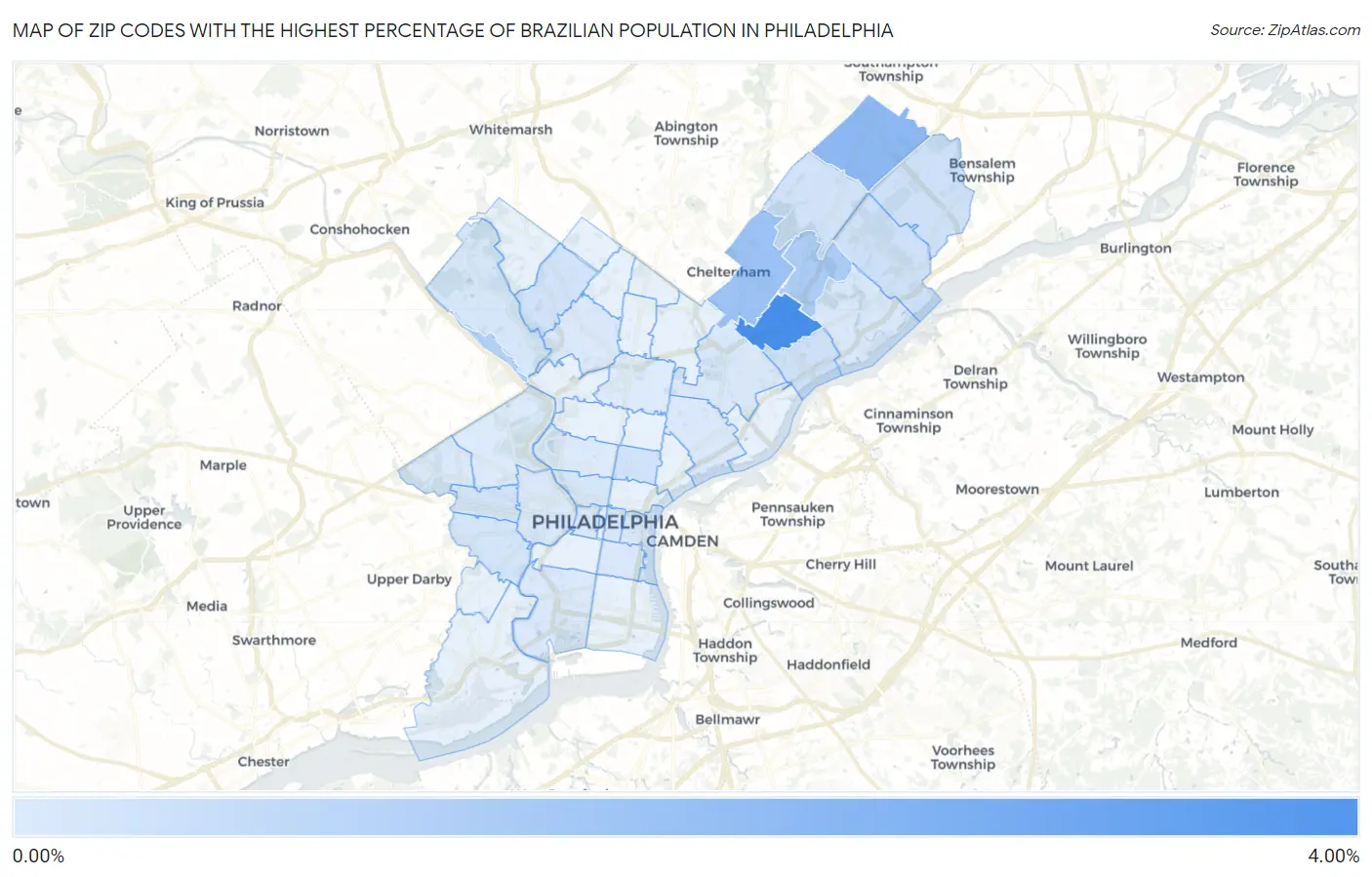 Zip Codes with the Highest Percentage of Brazilian Population in Philadelphia Map