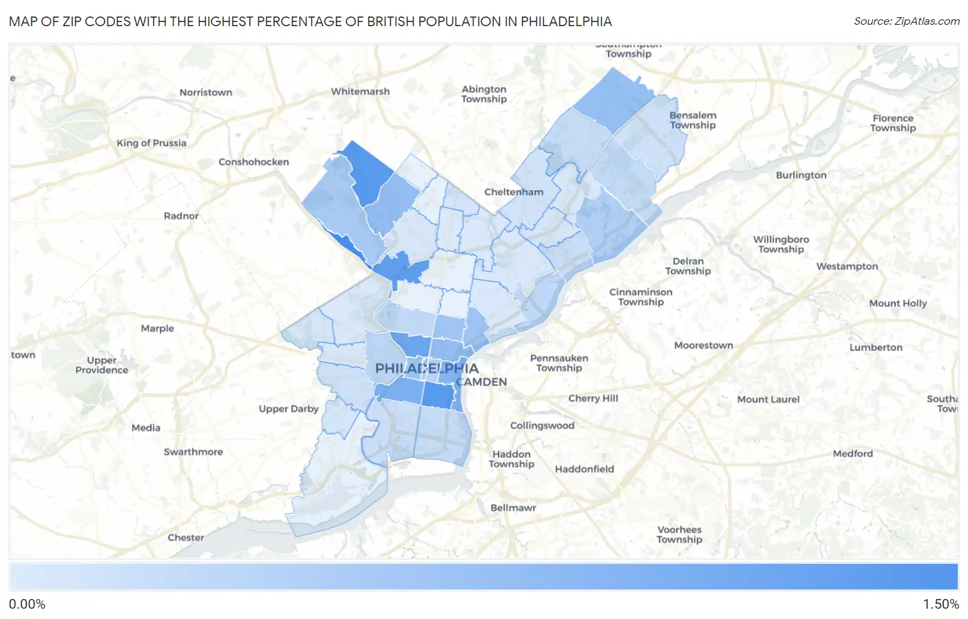 Zip Codes with the Highest Percentage of British Population in Philadelphia Map