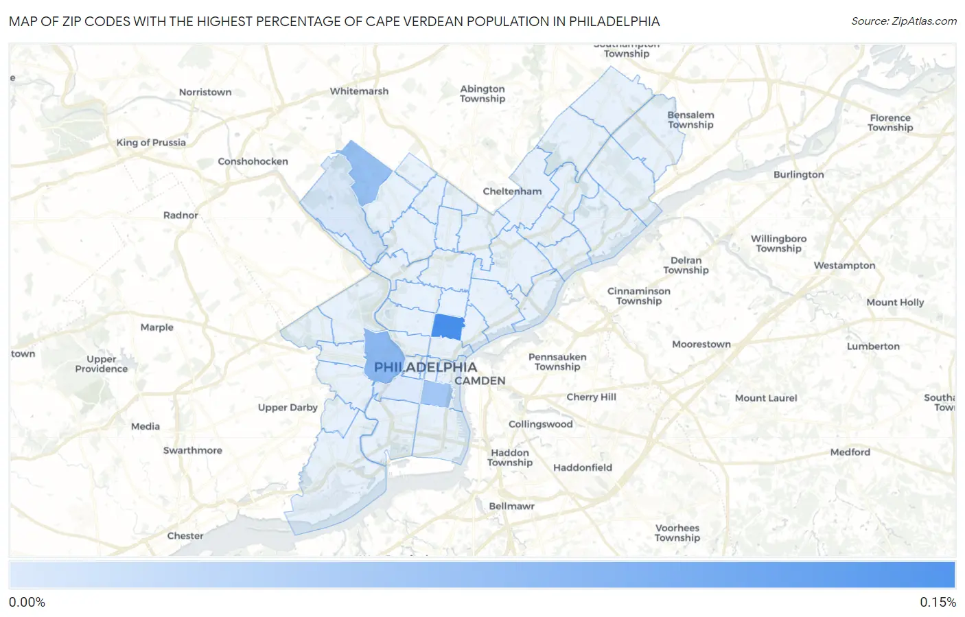 Zip Codes with the Highest Percentage of Cape Verdean Population in Philadelphia Map