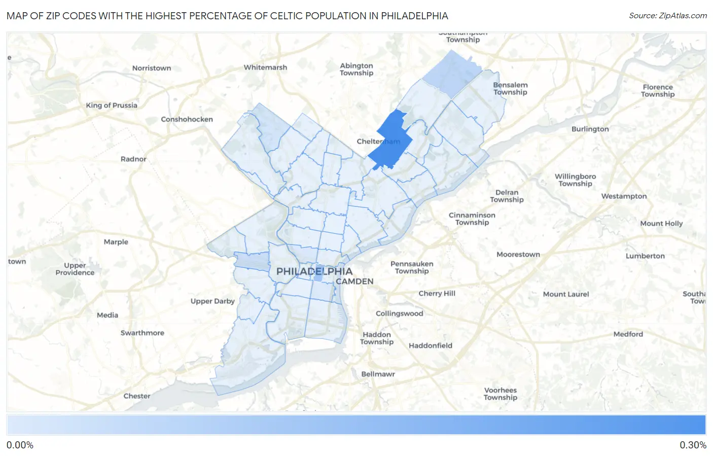 Zip Codes with the Highest Percentage of Celtic Population in Philadelphia Map