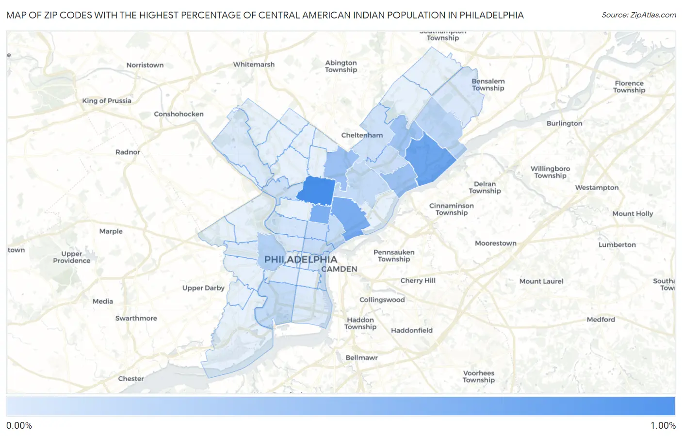 Zip Codes with the Highest Percentage of Central American Indian Population in Philadelphia Map