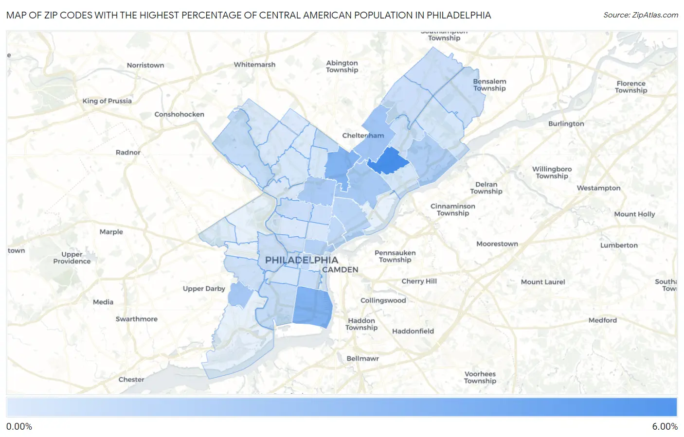 Zip Codes with the Highest Percentage of Central American Population in Philadelphia Map