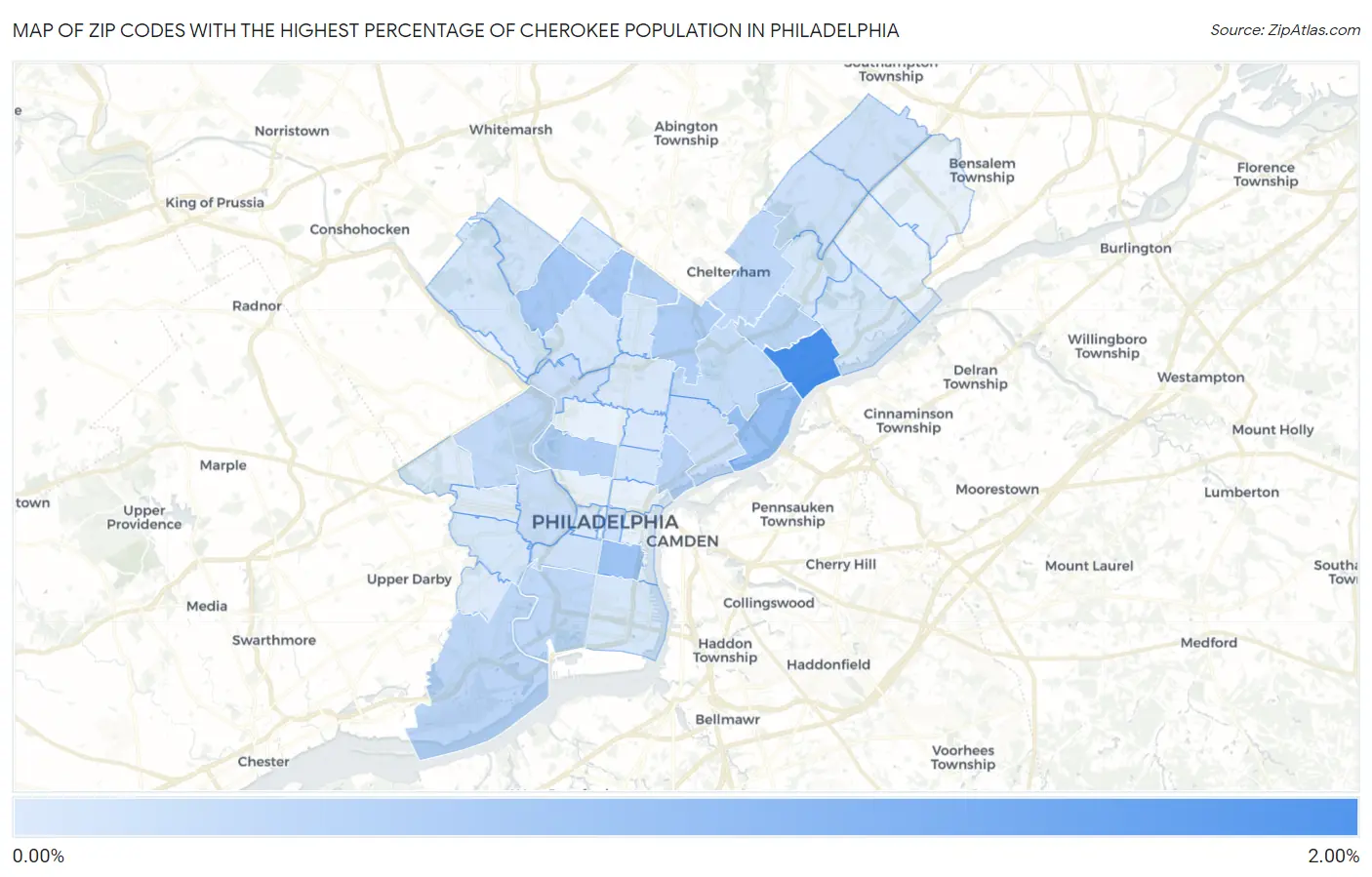 Zip Codes with the Highest Percentage of Cherokee Population in Philadelphia Map