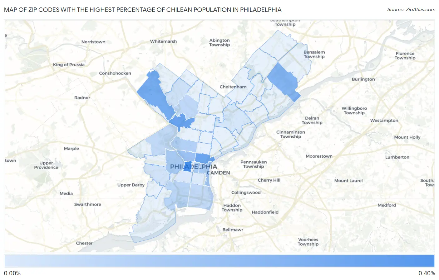 Zip Codes with the Highest Percentage of Chilean Population in Philadelphia Map