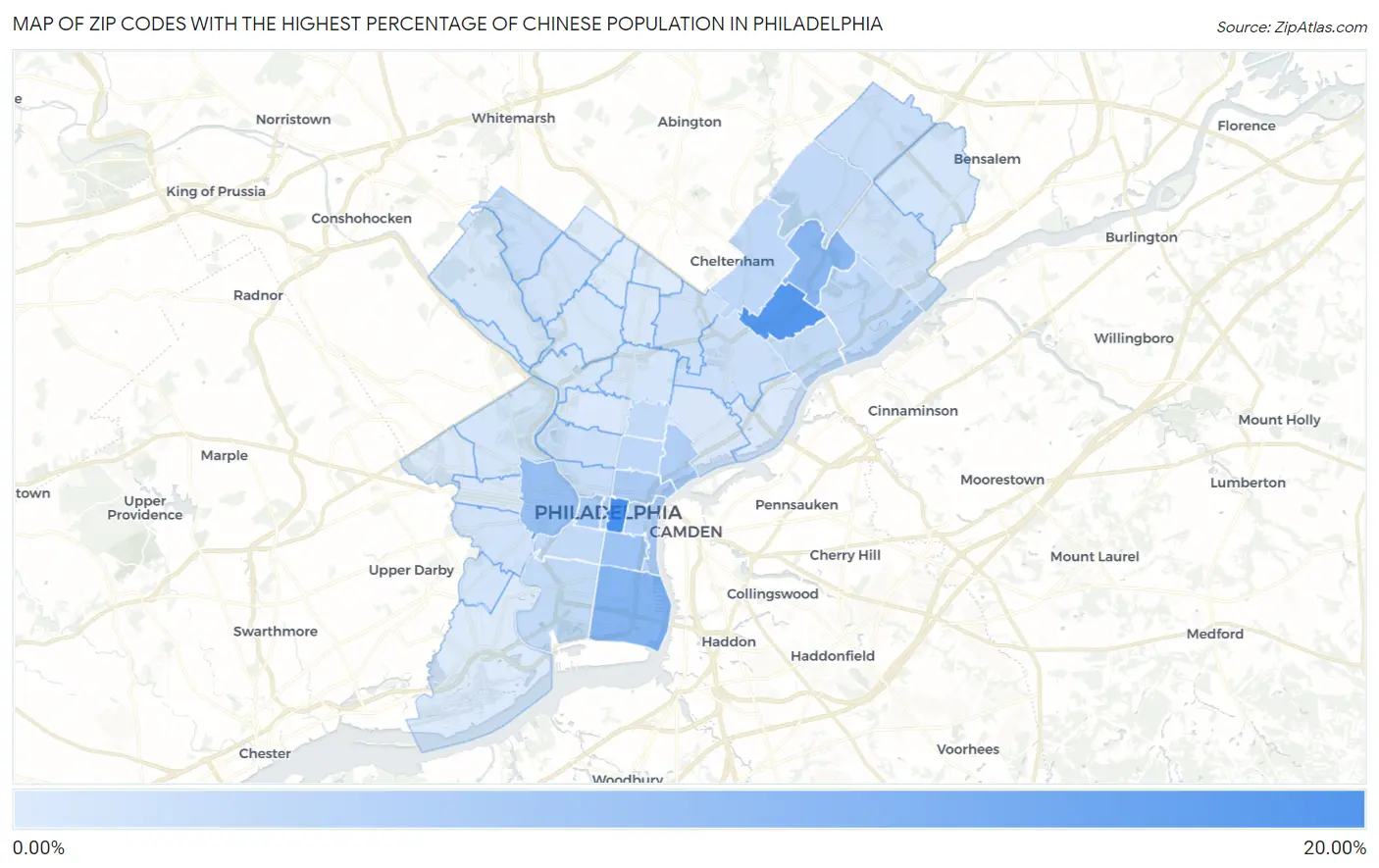 Zip Codes with the Highest Percentage of Chinese Population in Philadelphia Map