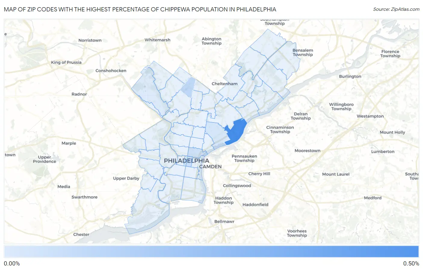 Zip Codes with the Highest Percentage of Chippewa Population in Philadelphia Map