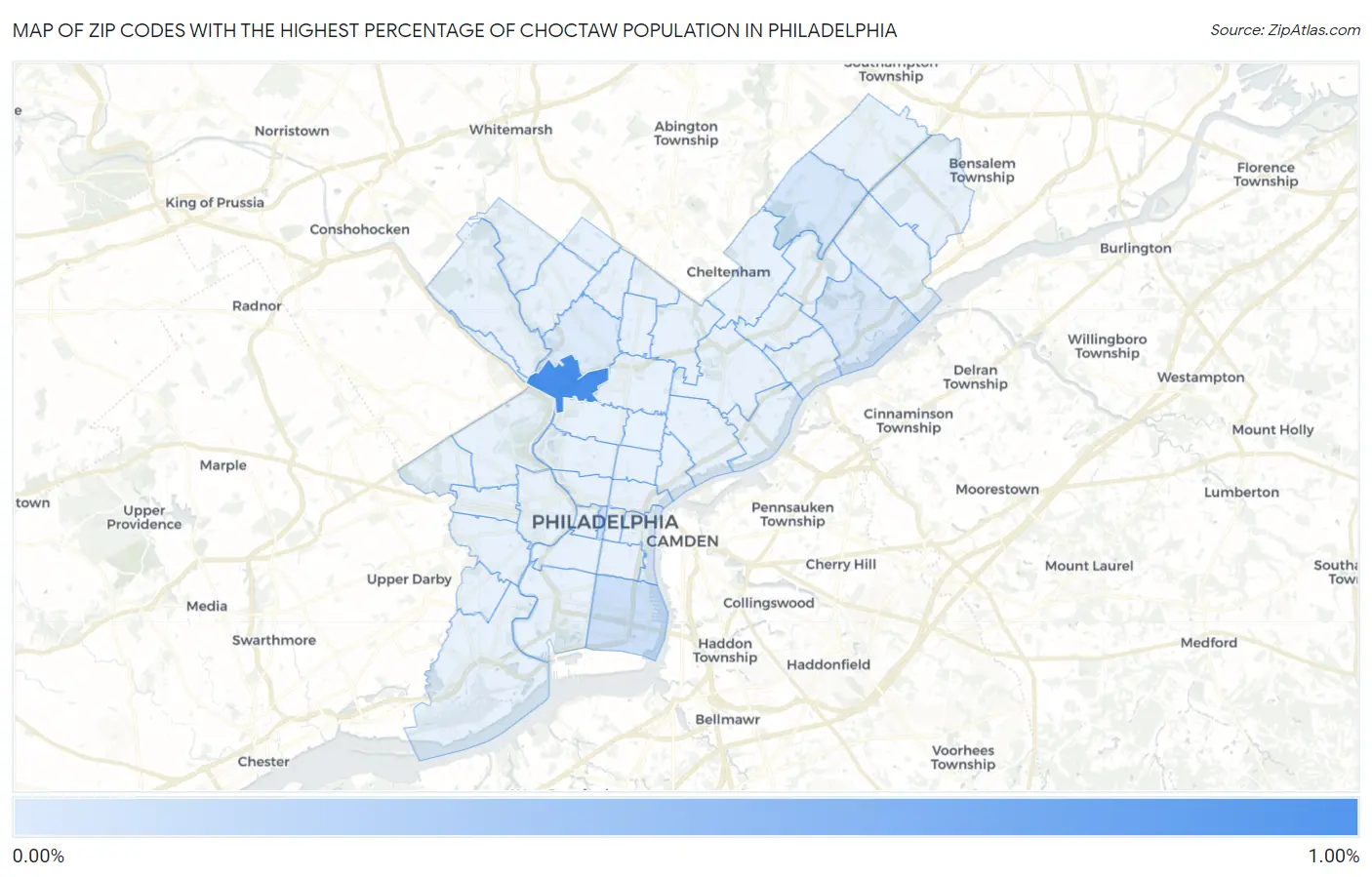 Zip Codes with the Highest Percentage of Choctaw Population in Philadelphia Map