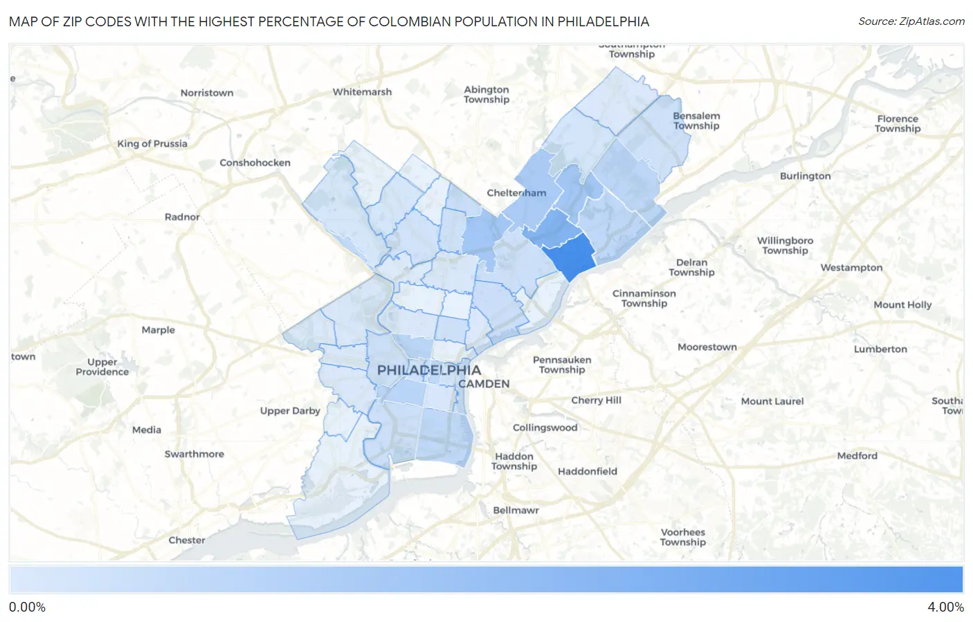 Zip Codes with the Highest Percentage of Colombian Population in Philadelphia Map