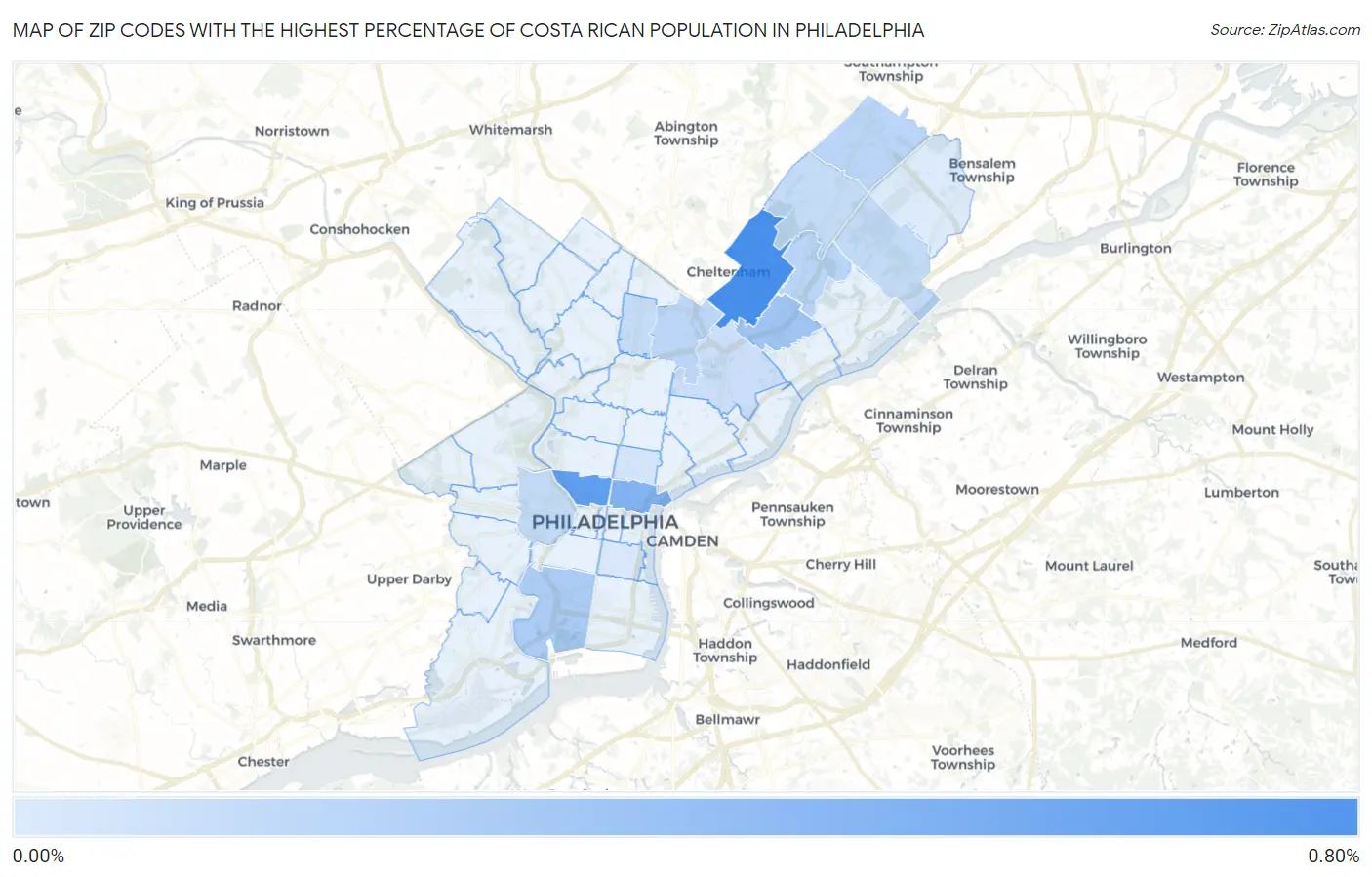 Zip Codes with the Highest Percentage of Costa Rican Population in Philadelphia Map